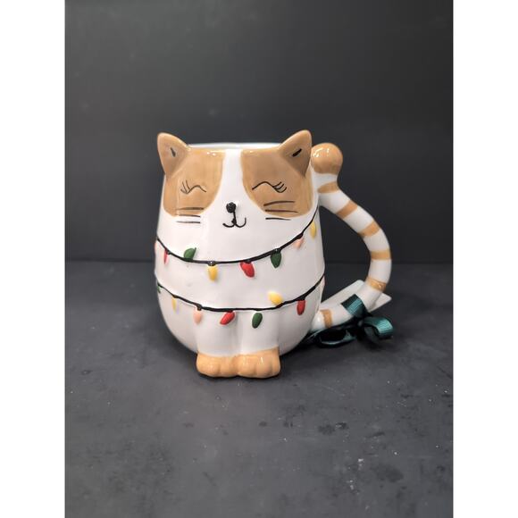 Sunday‎ Morning Cat Mug, Cat Ceramic Mug, Christmas Coffee Mug, Holiday Lights - Picture 1 of 9